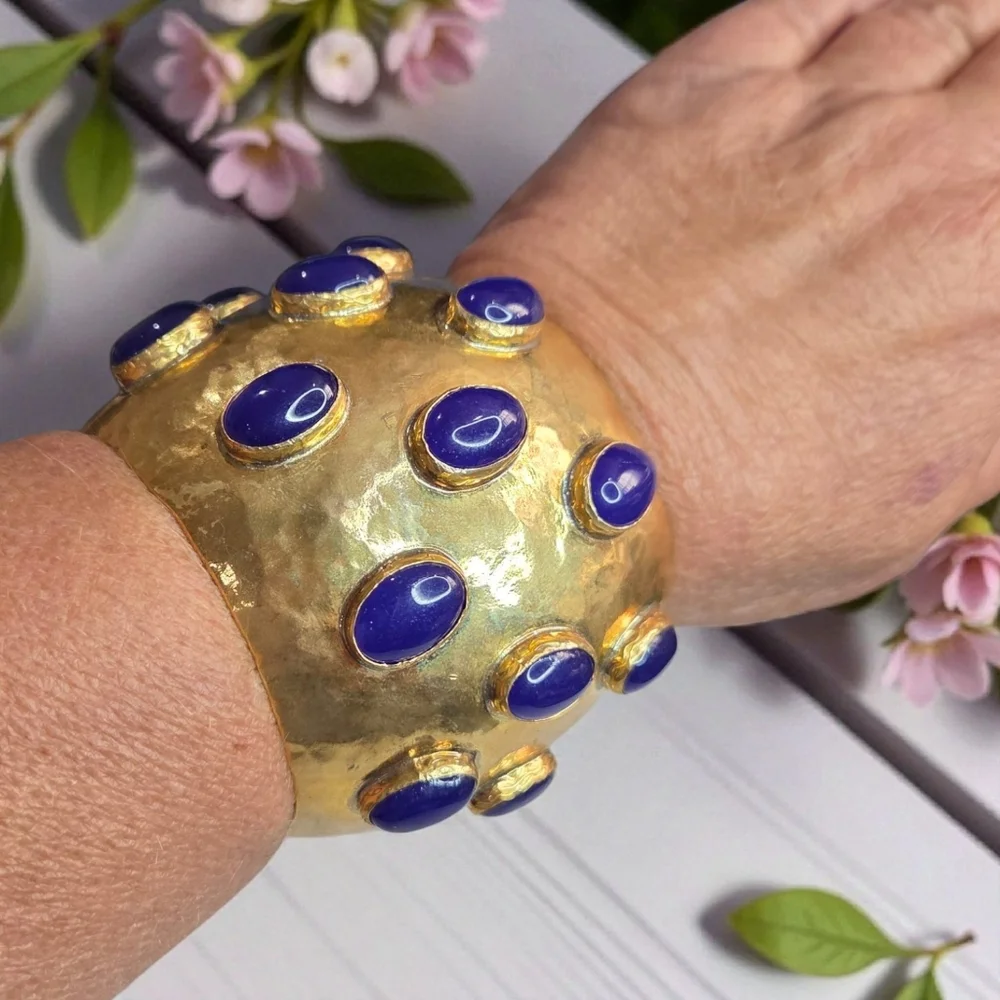 Insane Massive Triple Gold Plated Lapis Lazuli Cabochon Cuff Bracelet - Picture 5 of 5